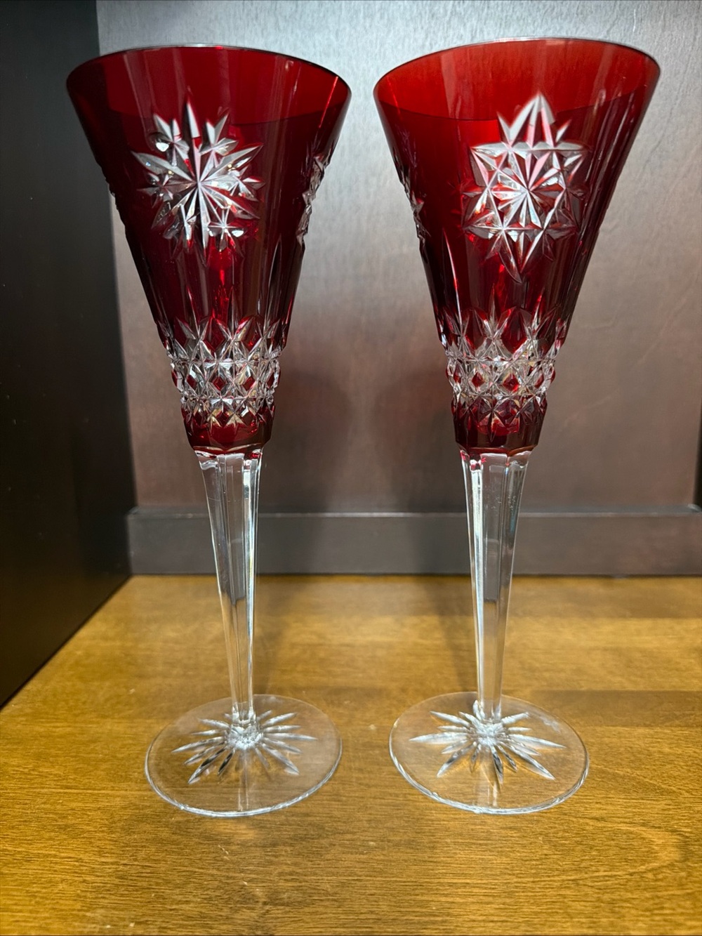 2 Waterford Crystal Champagne Flutes Snowflake Wishes Red Cut to Clear Crystal